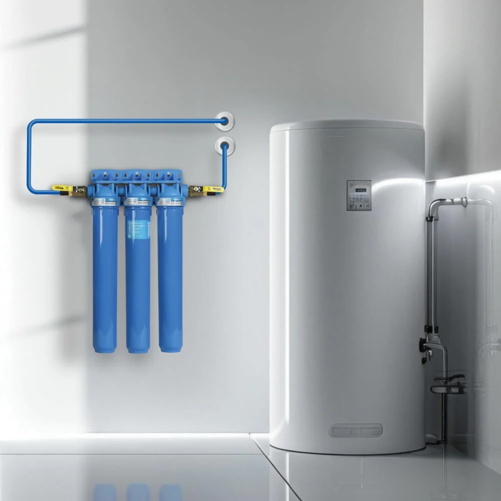 Whole-house filtration system mounted beside a water heater